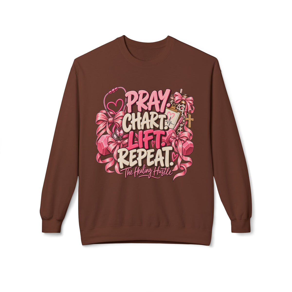 Pray Chart Lift Repeat Crewneck Sweatshirt — Christian Fitness Inspirational Pullover